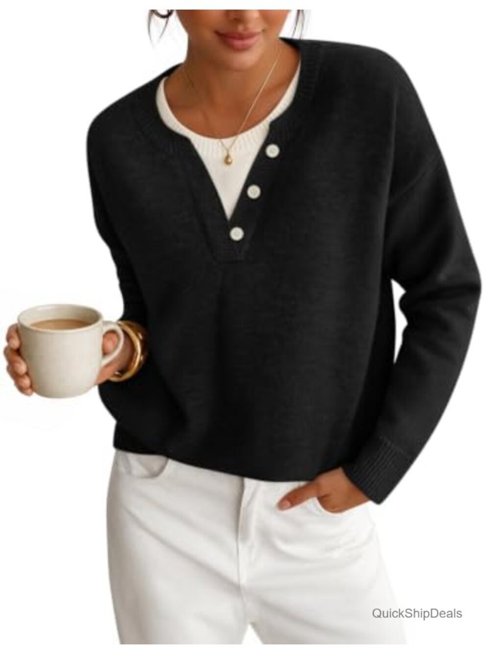 Women's Henley Neck Oversized Sweater Tops Faux Layered Pullover